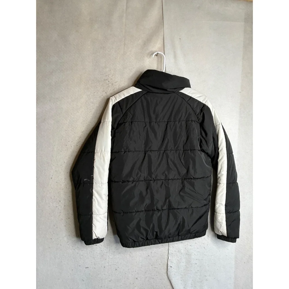 FILA Mens Black White Colorblock Puffer Jacket Full Zip Logo Tape Quilted Small